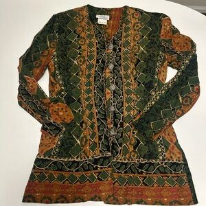 Women’s button up vintage blouse Green & orange patterned long sleeve top beaded